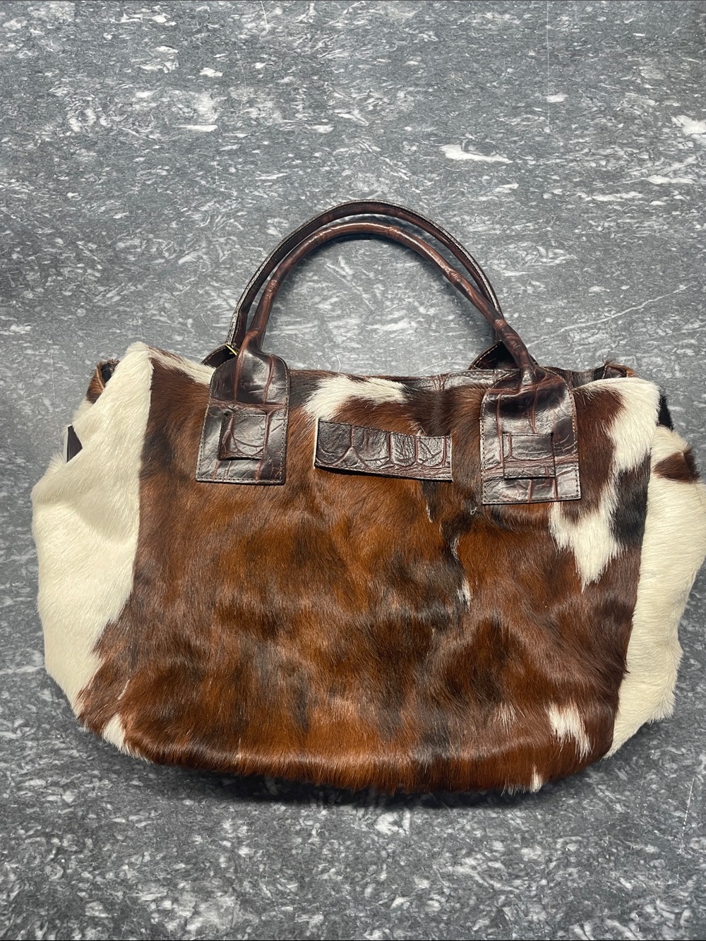 Brown & White Haircalf Tote with Dark Brown Leather Trim